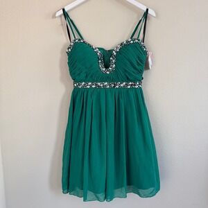 VTG Emerald Green Chiffon Beaded Mini Dress Small Plunge Sweetheart Neckline
